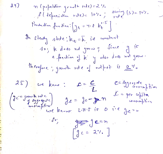 24) n (population growth rate)=2 % . Si depreciation rate)= 10%.; preting (3)= 10%. Production function: (yt = 4.8 ks] In ste