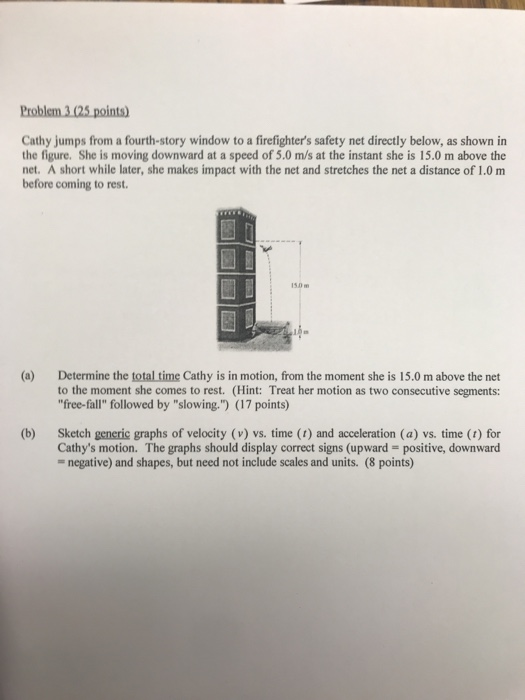 Problem 3.(25 points) Cathy jumps from a fourth-story window to a firefighters safety net directly below, as shown in the fi