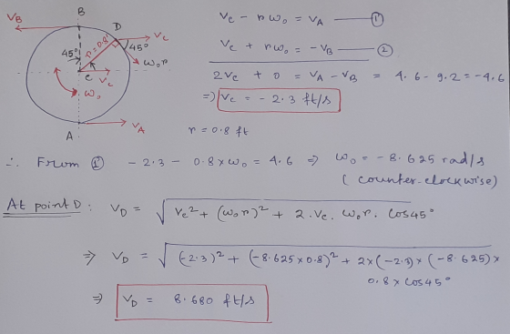 B ve - bowo = VA 1450 ve & vwo = - VB 2 45 p=0.8 مولا 2 ve to = VA VB 4. 6- 9.2=- 4.6 =/ve -2.3 ftis p=0.8 ft Α. From @ 2.3 -