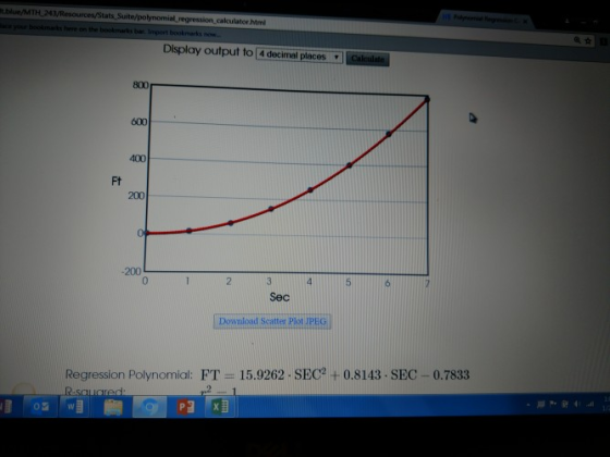 blue/MTH 243/Resources/Stats Suite/polynomial regression calculator.htm Display output to [4 decimel placesCalculate 800 600 400 Ft 200 200 0 Sec Download Scatte PiotJPEG Regression Polynomial: FT = 15.9262 . SEC + 0.81 43-SEC-0.7833