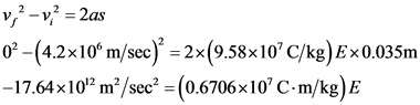1,2 –v} = 2as
0²-(4.2x10ºm/sec) = 2x(9.58x10²C/kg) Ex0.035m
-17.64x10? m?/sec? =(0.6706x10C-m/kg) E
