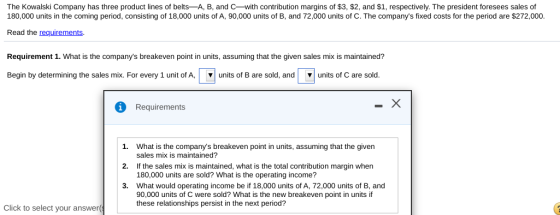 The Kowalski Company has three product lines of belts—A, B, and C—with contribution margins of $3, $2, and $1, respectively.