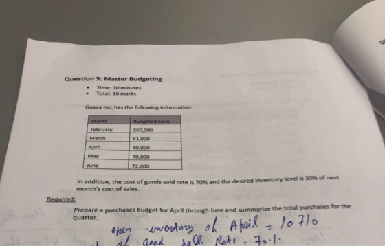 Question 5: Master Budgeting • Time: 30 minutes • Total: 16 marks Guava Inc. has the following information: Month February Ma