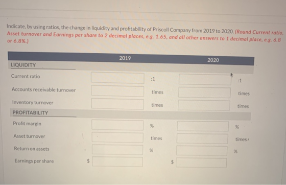 Indicate, by using ratios, the change in liquidity and profitability of Priscoll Company from 2019 to 2020. (Round Current ra