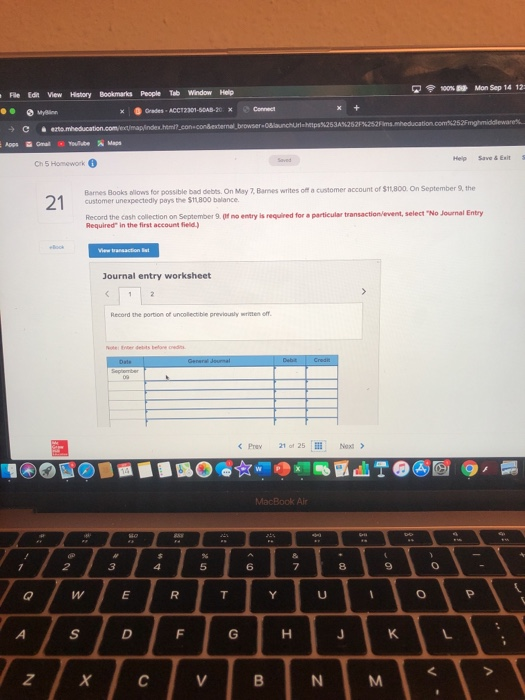 File Ed View History Bookmarks People Tab Window Help 100% E Mon Sep 14 12 Grades. ACC12301-50AS-20 X Connect eztomheducation