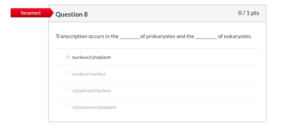 0/1 pts Incorrect Question 8 of eukaryotes Transcription occurs in the of prokaryotes and the nucleus/cytoplasm nucleus/nucle
