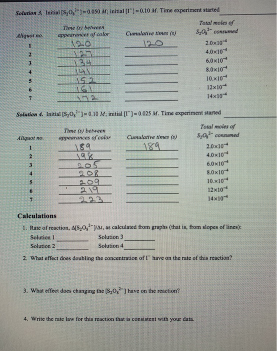 Solution 3. Initial [S, 0,2-) =0.050 M; initial [T]=0.10 M. Time experiment started Time (s) between Total moles of Aliquor