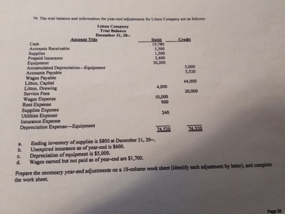 79. The trial balance and information for year-end adjustments for Litton Company are as follows: Litton Company Trial Balanc