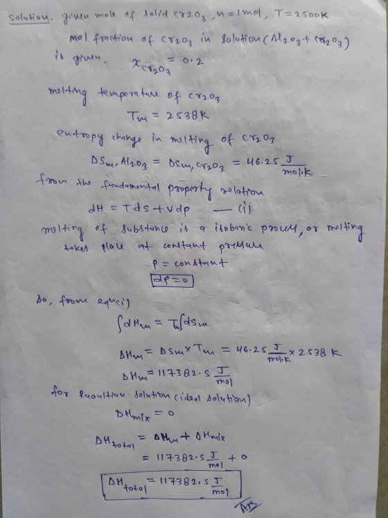 solution. ginen mole of solid (820₂,n=1mol, T = 2500k mol fraction of c82oz in solution (Al2O3+ (203) x7203 -0.2 Dsmi = 46.25