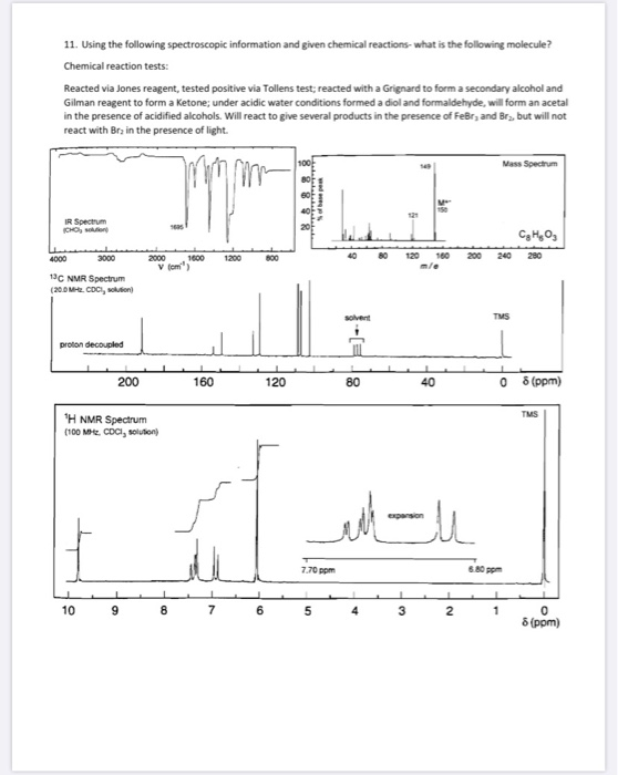 11. Using the following spectroscopic information and given chemical reactions what is the following molecule? Chemical react