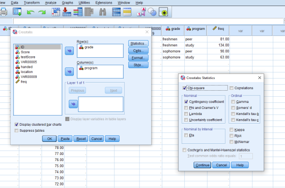 iew Data Transform Analyze Graphs Utilities Extensions Window Help Alo 5 Dram H - 0010 Crosstabs freq freq var X var va Row(s