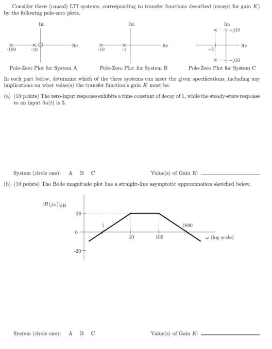 Consider three (causal) LTI systems, corresponding to transfer functions described (except for gain K) by the following pole-