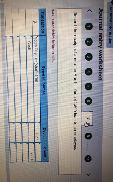 Required information Journal entry worksheet 1 2 5 6 7 8 11 Record the receipt of a note on March 1 for a $2,800 loan to an e