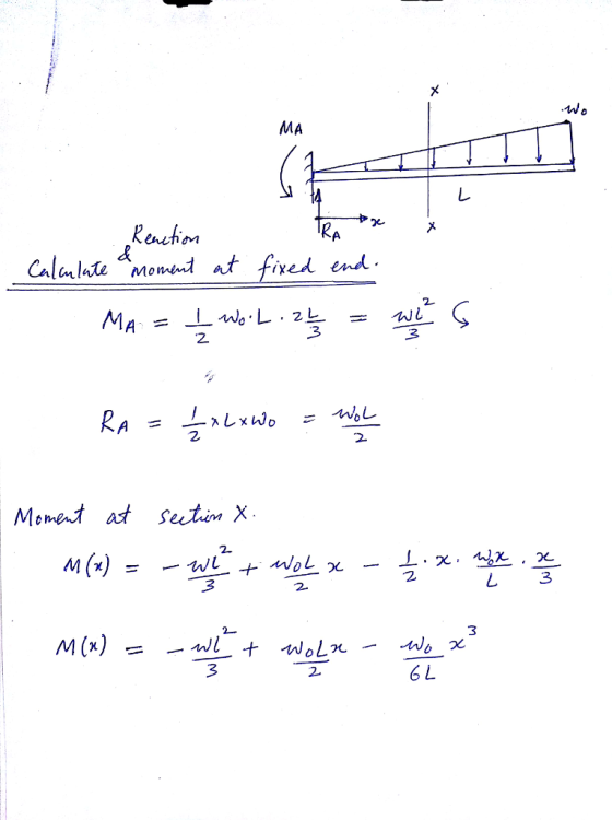 Wo MA Reachm CalalateMonnt at fired end 2. 2 2. M (x) = -w1 L 3 3 3 2. 6 L