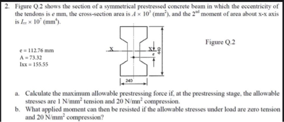 2. Figure Q.2 shows the section of a symmetrical prestressed concrete beam in which the eccentricity of the tendons is e mm,