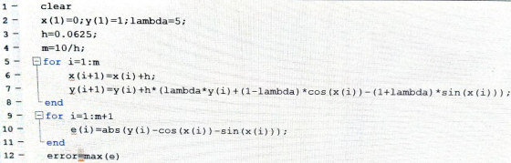 1 2 - 3 - 4 - 5- 6 - clear x(1)=0; y(1)=1;lambda=5; h=0.0625; m=10/h; E for i=1:m x(i+1)=x (i) +h; y(i+1)=y(i)+h* (lambda*y(i