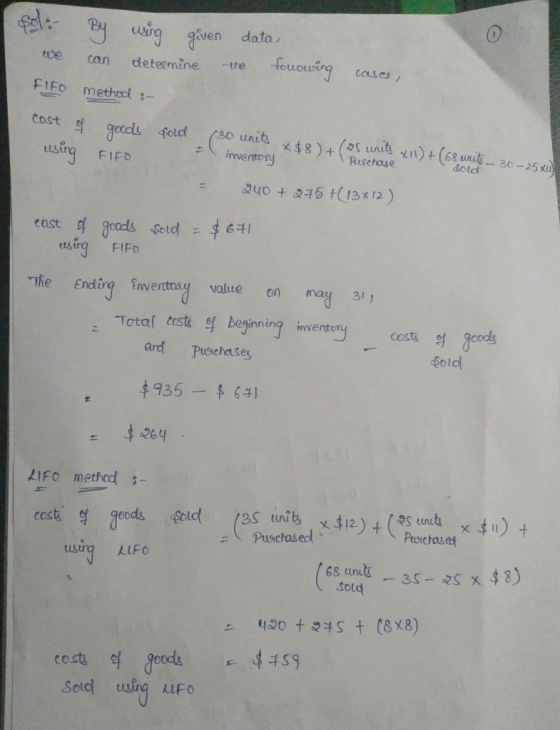sol. By using given data we can deteemine he fouowing cases, FIFO method :- cost of goods sold (30 units x88) + ( 25 units X