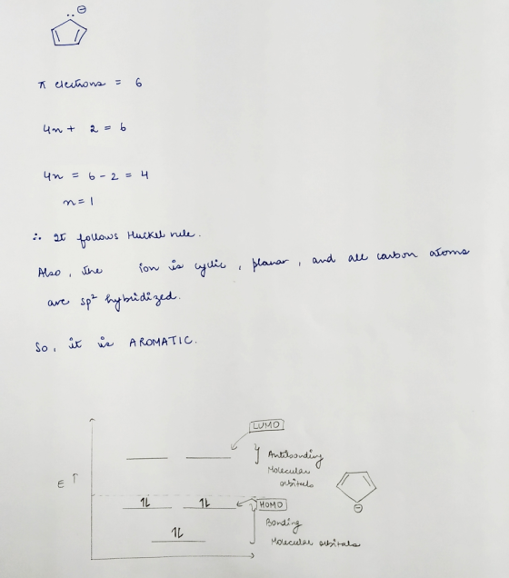 ñ elections = 6 un+ 2 =6 un = 6-2 = 4 no! all carbon atoms i at follows Huckel rule Also, the ion is cyclic , planar, and are