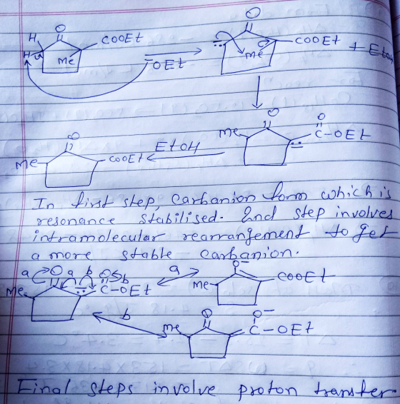 CoOEt CoOEt H Me TOEL TE C-0ET Etoy CoOEt Ne In ist step Carhanion om whic h Stabilised. nc step involres intramoleculea rear