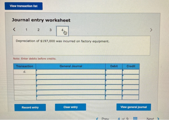 View transaction list Journal entry worksheet < 1 2 3 Depreciation of $197,000 was incurred on factory equipment. Note: Enter