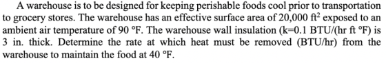 A warehouse is to be designed for keeping perishable foods cool prior to transportation to grocery stores. The warehouse has