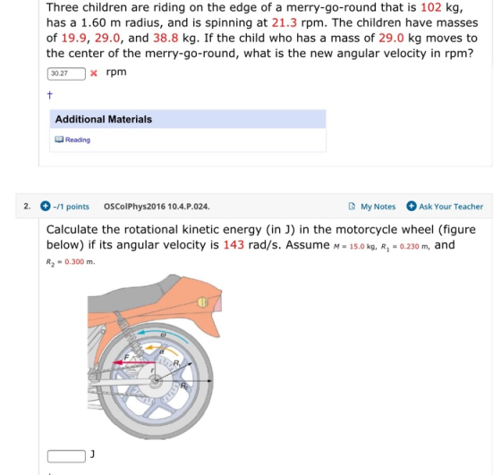 Three children are riding on the edge of a merry-go-round that is 102 kg, has a 1.60 m radius, and is spinning at 21.3 rpm. T