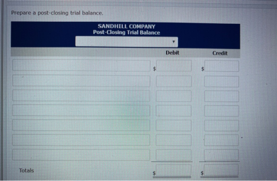 Prepare a post-closing trial balance. SANDHILL COMPANY Post-Closing Trial Balance Debit Credit Totals