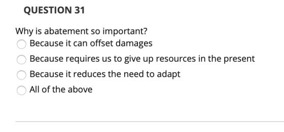 QUESTION 31 Why is abatement so important? Because it can offset damages Because requires us to give up resources in the pres
