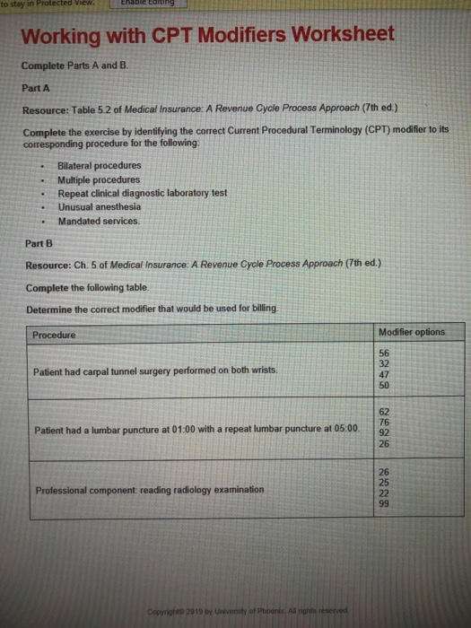 to stay in Protected view Enable to Working with CPT Modifiers Worksheet Complete Parts A and B. Part A Resource: Table 5.2 o