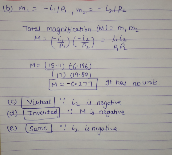 (6) m, = -iile, m, = - İzl P2 Total magnification (M) = m, ma M = (-4) (- 12) = 21 22 M= (15.11 66.196 (0) (19.89) M=-0.277 I