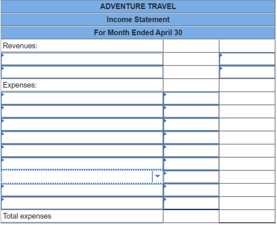 ADVENTURE TRAVEL Income Statement For Month Ended April 30 Revenues: Expenses: Total expenses