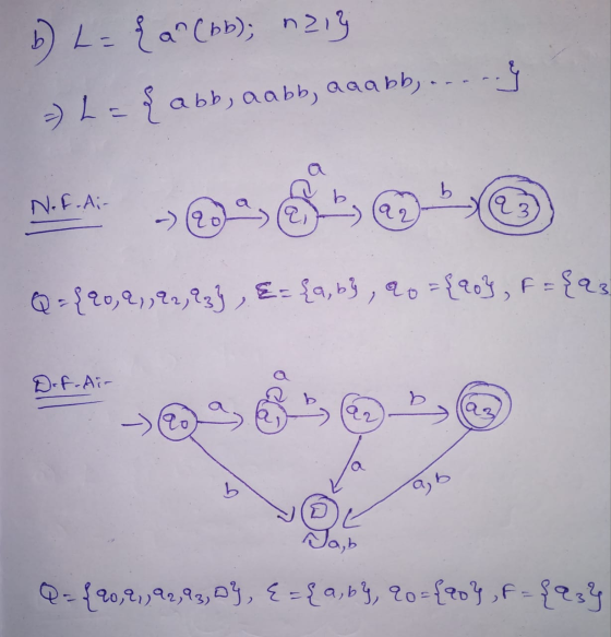 b) = { a n (bb); nzig 2)Le {abb, aabb, aaa bb, .....9 N.F.Ai- 23 Q={20,21,22,23%, £= {a,b], 20 ={80%, F = {23 Def-Air az b )