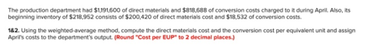 The production department had $1,191,600 of direct materials and $818,688 of conversion costs charged to it during April. Als
