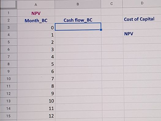 D А NPV Month_BC Cash flow_BC Cost of Capital NPV