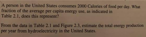 A person in the United States consumes 2000 Calories of food per day. What fraction of the average per capita energy use, as