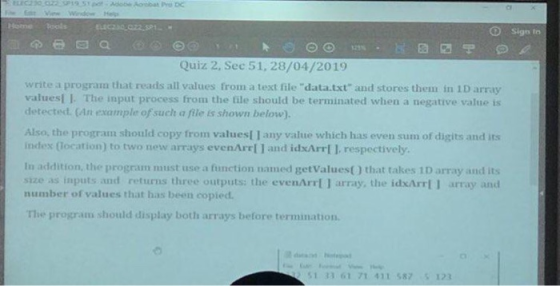 LEC230,0z2.SP19.51pot-AdobeAoobat Pro DC F Viw Window Help Home tools ELEC230 CZ22, SP1 Sign tn Quiz 2, Sec 51, 28/04/2019 wr