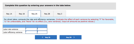 Complete this question by entering your answers in the tabs below. Req 1A Req 1B Req 2A Req 2B Reg 3 For direct labor, comput