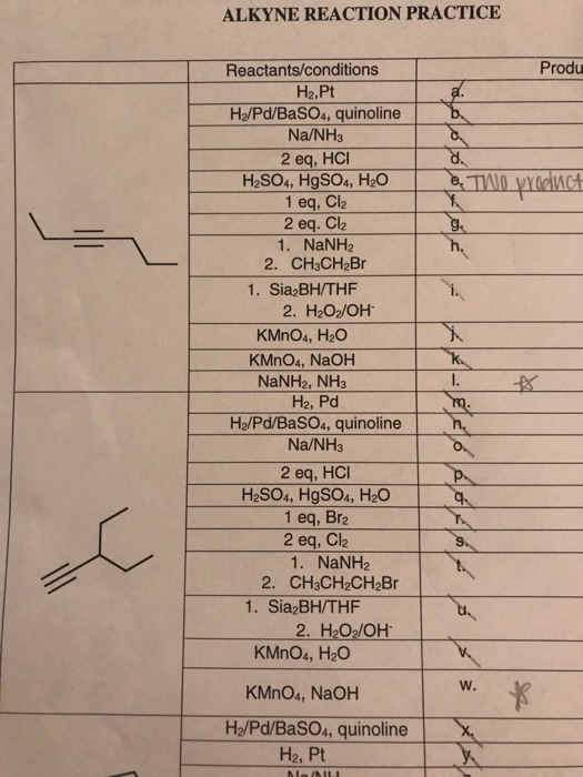 ALKYNE REACTION PRACTICE Produ AO voolugt کر کمر اور عوام تركمانه Reactants/conditions H2.Pt H/Pd/BaSO4, quinoline Na/NH3 2 e