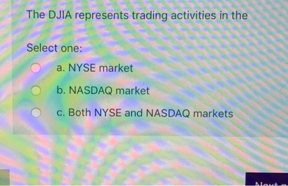 The DJIA represents trading activities in the Select one: a. NYSE market b. NASDAQ market c. Both NYSE and NASDAQ markets Mar