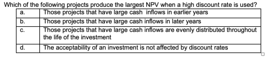 Which of the following projects produce the largest NPV when a high discount rate is used? Those projects that have large cas