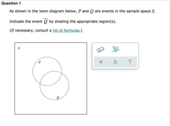 Question 1 As shown in the Venn diagram below, P and Q are events in the sample space S. Indicate the event by shading the ap