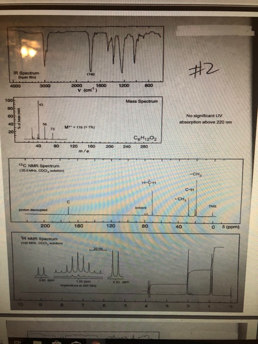 #2 IR Spectrum iquid m 1740 2000 v (em) 800 3000 1600 1200 4000 100 Mass Spectrum 80 No significant UV absorption above 220 n