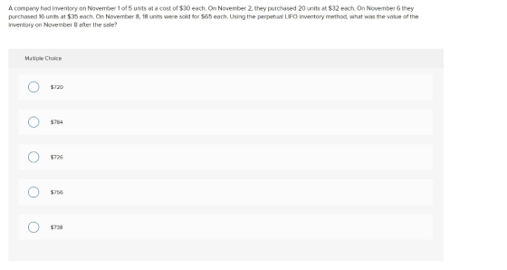 A company had inventory on November 1 of 5 units at a cost of $30 each. On November 2, they purchased 20 units at $32 each. O