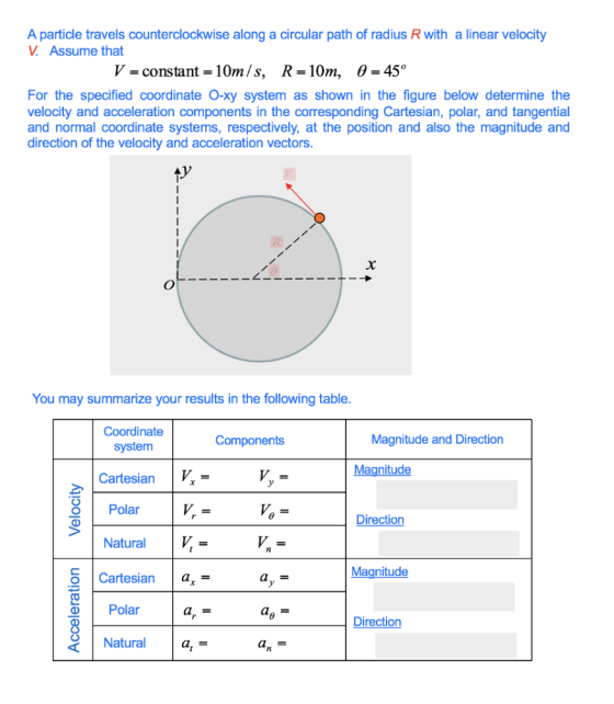 A particle travels counterclockwise along a circular path of radius R with a linear velocity V. Assume that V = constant-10m /s, R-10m, θ-450 For the specified coordinate O-xy system as shown in the figure below determine the velocity and acceleration components in the corresponding Cartesian, polar, and tangential and normal coordinate systems, respectively, at the position and also the magnitude and direction of the velocity and acceleration vectors You may summarize your results in the following table. Coordinate Components Magnitude and Direction system Cartesian Polar = Direction Natural V- Magnitude O Cartesian ar - Polar Directio Natural