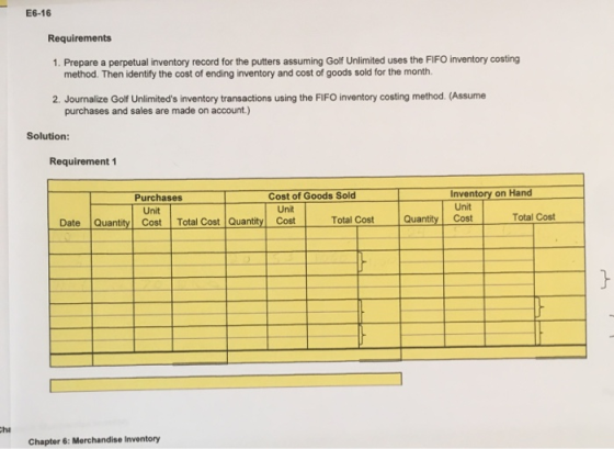 E6-16 Requirements 1. Prepare a perpetual inventory record for the putters assuming Golf Unlimited uses the FIFO inventory co