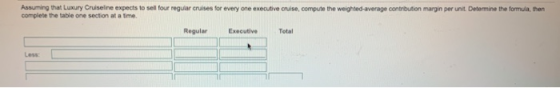 Assuming that Luxury Cruiseline expects to sell four regular cruises for every one executive cruise, compute the weighted-ave