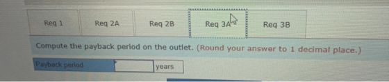 Reg 1 Req 2A Reg 2B Reg 3A Req 3B Compute the payback period on the outlet. (Round your answer to 1 decimal place.) Payback p