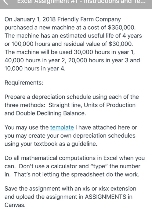 phs and Excel Assighr On January 1, 2018 Friendly Farm Company purchased a new machine at a cost of $350,000. The machine has