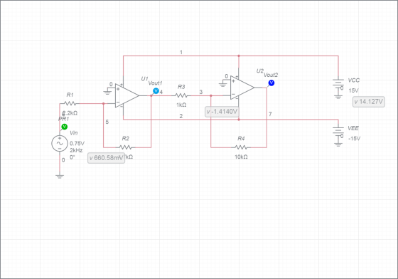 1 U2 Vout2 vec °41 U1 Vout 1 V4 0 R3 3 15V R1 v 14.127V 1kΩ V -1.4140V 2.2k PR1 7 2 LO VEE Vin R2 R4 -15V 0.75V 2kHz 0° 10kΩ