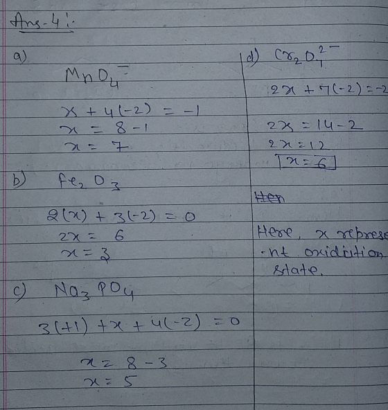 Ang. 41 Id) Cr2O7 Mnou 22 +7(-2) = -2 x + 4 (-2) = -1 n - 8-1 a= 7 288 = 14-2 22:12 Th=6 b fe, D3 262) + 3(-2) = 0 22 - 6 n =